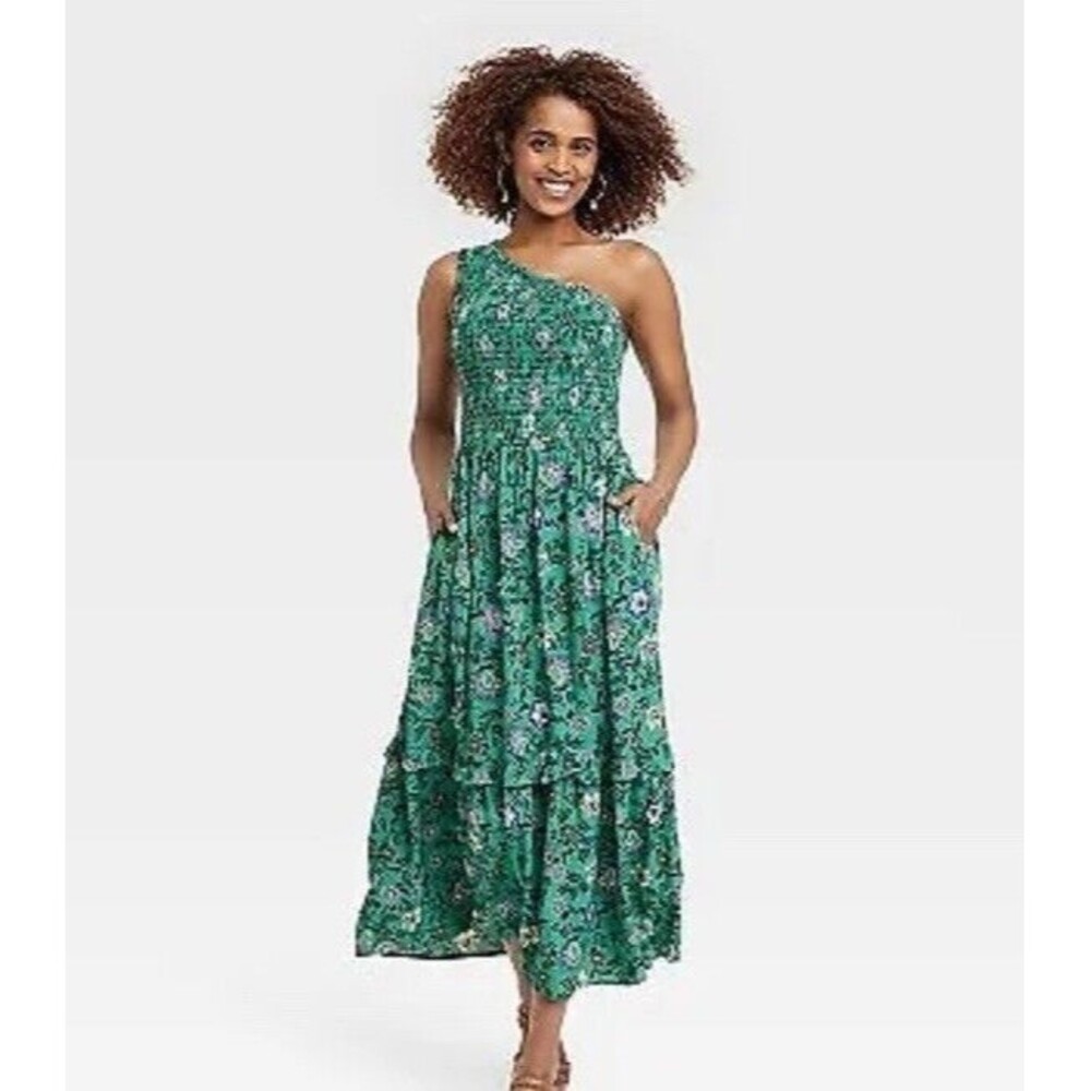 Knox Rose Women's One Shoulder A Line Maxi Dress Green Floral Plus Size 3X